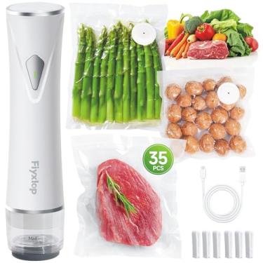 Imagem de Fiyxlop Seladora a vácuo portátil, seladora a vácuo premium para alimentos + 35 sacos reutilizáveis Sous Vide, seladora potente de alimentos a vácuo para cozinha, casa, churrasco, viagens