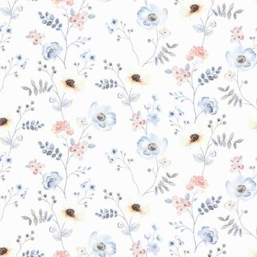 Imagem de VaryFloral Papel de parede floral descascar e colar aquarela azul rosa flor papel de parede para quarto de meninas berçário papel de contato floral autoadesivo para gaveta de armário papel de parede