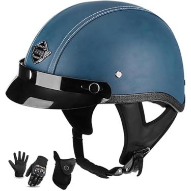 Imagem de Capacetes Retrô Capacete De Motocicleta Meio Capacete De Couro Com Sushield Para Mim Ad Wome Dot Aprovado Half Face Cap Adequado Para Jovens E Adultos Half Shell Helmet Skull Cap, F, XL=60~61cm