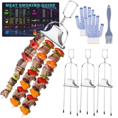 Imagem de Aymolas 4 Peças, Espetos De Metal 14'' Com Empurrador 3 Pontas, Acessórios Para Churrasco Kebab Aço Inoxidável