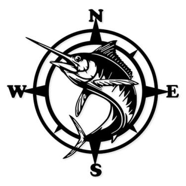 Imagem de Xedatric Decoração de pesca elegante – Arte de parede de bússola com peixe-espada pulando, perfeita para entusiastas náuticos e marinhos, escultura de parede de metal durável para casa e cozinha