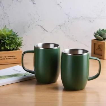 Imagem de Caneca Térmica Parede Dupla em Aço Inox Verde 450ml com Base Antiderrapante - Estilo Texturizado