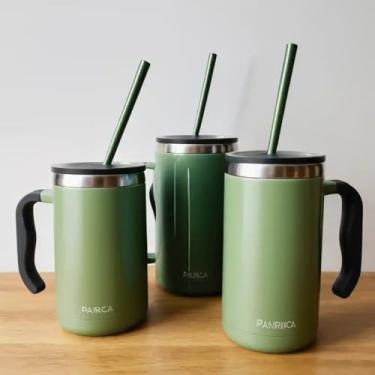 Imagem de Caneca Térmica Parede Dupla em Aço Inox Verde 500ml com Canudo - Estilo Minimalista