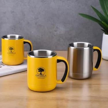 Imagem de Caneca Térmica Parede Dupla em Aço Inox Amarela 350ml com Base Antiderrapante - Estilo Com Logo