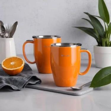 Imagem de Caneca Térmica Parede Dupla em Aço Inox Laranja 350ml com Alça Ergonômica - Estilo Texturizado