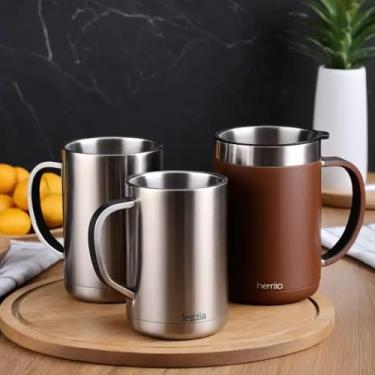 Imagem de Caneca Térmica Parede Dupla em Aço Inox Marrom 850ml com Tampa Hermética - Estilo Minimalista