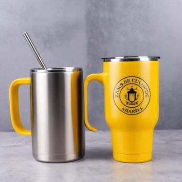Imagem de Caneca Térmica Parede Dupla em Aço Inox Amarela 850ml com Canudo - Estilo Com Logo