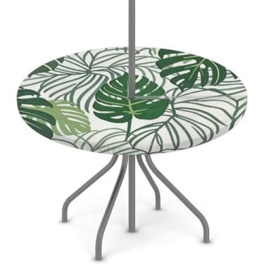 Imagem de Toalha de mesa redonda para uso ao ar livre com orifício para guarda-chuva, folha de palmeira, planta, toalha de mesa redonda, impermeável, com zíper, elástico, capa de mesa de pátio, serve para mesas