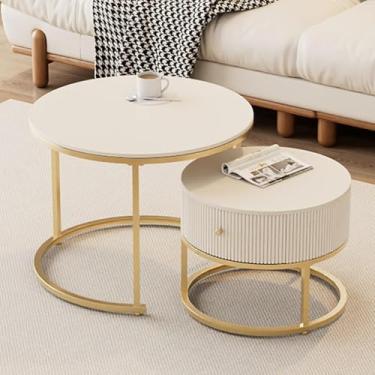 Imagem de Conjunto De 2 Mesas De Café Redondas Com Ninho, Mesa Lateral Empilhável Com Estrutura De Metal Dourado, Mesa De Chá De Sofá Para Sala De Estar Quarto De Espaço Pequeno, C, (60x46)+(45x36) cm