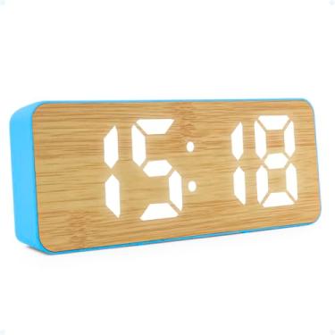 Imagem de Relogio Digital De Mesa Despertador Cabeceira Criado Mudo Display LED 12/24H Para Casa Quarto Escritório Setup Moderno Madeira Com Alarme Calendario, Azul