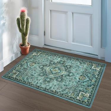 Imagem de Foxmas Tapetes pequenos para entrada, tapete vintage lavável à máquina, 5,5 x 7,5 cm, antiderrapante, para entrada, quarto, cozinha, sala de estar, azul-petróleo