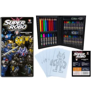 Imagem de Maleta de Pintura Super Robo 48 Peças – Estojo Completo com Lápis de Cor, Giz de Cera, Canetinhas, Tinta, Pincel, Apontador e Desenhos para Colorir