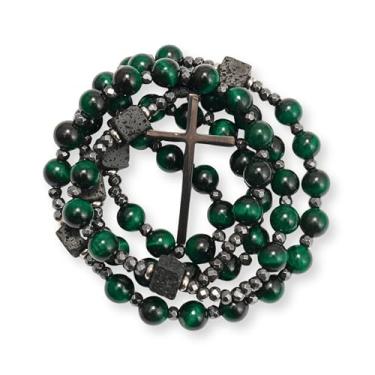 Imagem de Nazareth Store Colar de rosário masculino ônix preto ou contas de olho de tigre com cruz de liga preta, joia religiosa cristã católica, presente para ele, 42*25 mm, Pedra, Sem Pedra Preciosa