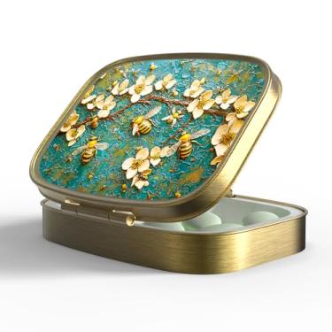 Imagem de Caixa de comprimidos pequena com bolso retrovisor com 2 compartimentos para bolsa ou bolso de bronze, recipiente portátil de vitaminas, óleo de peixe e armazenamento de suplementos sem BPA (abelhas)