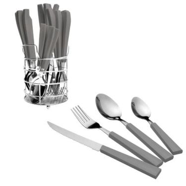 Imagem de Jogo De Talheres Em Aço Inox Com Cabo Plástico Cinza 25 Peças Full Fit