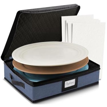 Imagem de Estojo de armazenamento de bandeja – Recipiente de armazenamento fino da China, recipiente rígido acolchoado e empilhável de 40,6 cm x 32 cm x 8,9 cm com alças e divisórias de feltro para movimentação