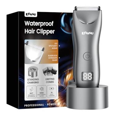 Imagem de ENSSU Aparador de pelos corporais masculino – Aparador Meridiano à prova d'água com luz LED, motor rápido de 6000 RPM, 5 configurações de comprimento, IPX7 para púbico, peito e bolas (Cinzento)
