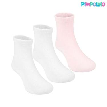 Imagem de Kit 3 Pares Meia Lisa Cano Alto Algodão Branca Rosa Pimpolho, 31-34