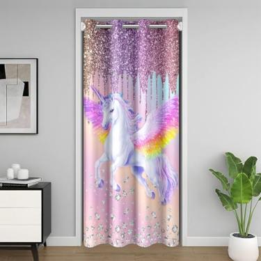 Imagem de jejeloiu Cortina de porta de unicórnio para meninas para privacidade de porta 132 x 203 cm 1 painel cortina divisória de cristal colorida prata brilhante decoração capa de armário diamante lavável