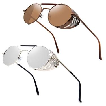 Imagem de RONSOU Óculos de sol Steampunk estilo redondo, vintage, polarizado, retrô, proteção UV400, armação Matel, A12 2 peças armação marrom lente marrom + armação prata lente prata (ambas não polarizadas