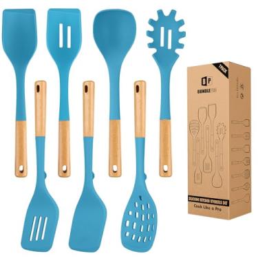 Imagem de Conjunto de utensílios de cozinha de silicone para panelas antiaderentes, 7 peças de utensílios de cozinha resistentes ao calor com cabo de madeira, utensílios de cozinha sem BPA com espátulas