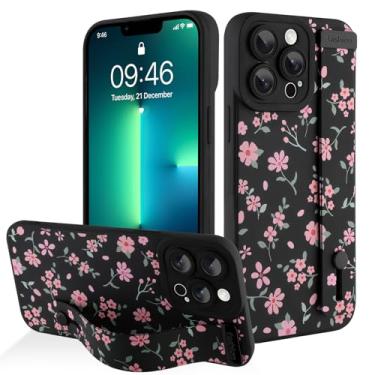 Imagem de AIGOMARA Capa para iPhone 13 Pro Max com alça para mulheres e meninas, linda estampa floral rosa, capa protetora de silicone com suporte de faixa macia, preta