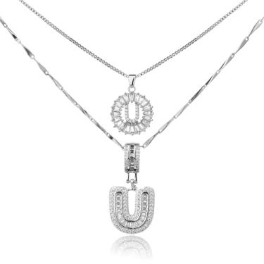 Imagem de MINDEKA Pacote com 2 colares femininos com inicial de zircônia cúbica banhada a ouro 14K, joias delicadas com inicial inicial para mulheres, colar com pingente de alfabeto A-Z personalizado, 18"+2