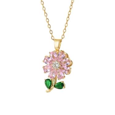Imagem de Colar de flor de cristal rosa giratório para mulheres, pingente de zircônia cúbica, pingente de girassol, gargantilha floral, corrente de elos ajustáveis, colares fidget modernos requintados para o