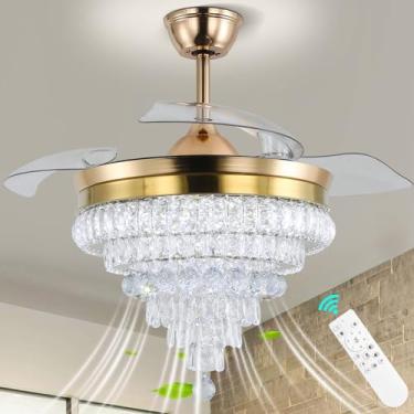 Imagem de CLAIRDAI Lustre de cristal moderno de 106 cm, ventilador de teto com luzes, lustres reguláveis, retrátil LED, invisível, ventilador de candelabro de cristal, para quarto, sala de jantar, sala de estar