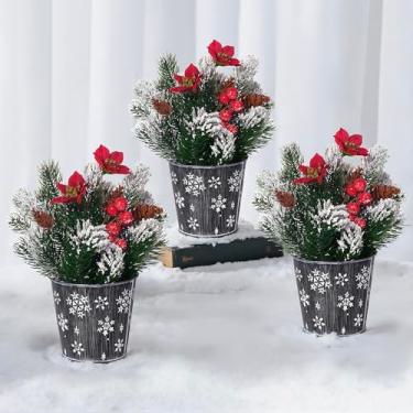 Imagem de Pacote com 3 ramos de pinheiro norfolk nevados em vaso com barreiras de poinsétias e cones de alfinetes em vaso de metal rústico de 10 cm com padrão de estampagem de floco de neve para decoração de