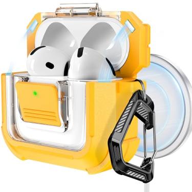 Imagem de RFUNGUANGO Capa protetora compatível com AirPods 4ª geração, compatível com Magsafe, trava automática magnética, com kit de limpeza, adequada para capa protetora Airpods 4 (2024) - amarela