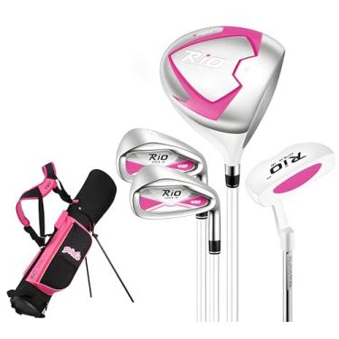 Imagem de PGM Clube de golfe júnior, conjunto completo de tacos de golfe do Rio para destros para crianças de 9 a 12 anos, 4 peças de tacos de golfe juvenis com bolsa de suporte para meninos e meninas, rosa