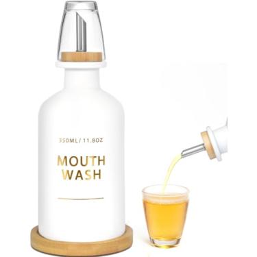 Imagem de Dispensador de enxaguante bucal de vidro de 335 ml para banheiro com bocal de aço inoxidável e bambu, copo de enxaguante bucal reutilizável, bandeja de bambu (branco, 345 g, 1 pacote)