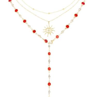 Imagem de Colares femininos Lariat em forma de Y de cristal em camadas ouro 14K cruz sol virgem maria boho hippie joias de strass, Large, Liga de aço, Sem Pedra Preciosa