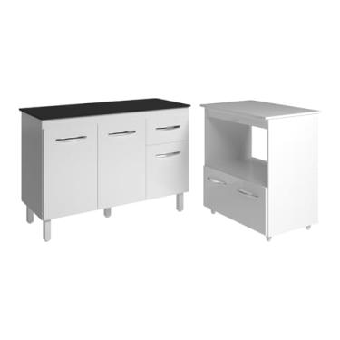 Imagem de Mobília Decor, Balcão Armário Gabinete Aline 118 cm Branco com Tampo Preto e Balcão Amanda para Forno e Microondas Branco