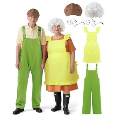 Imagem de Mepase 6 Pcs Halloween Old Couple Costume Include White Curly Wig Octagonal Hat Round Frame Glasses Apron and Overalls for Adult Halloween Dress up Party
