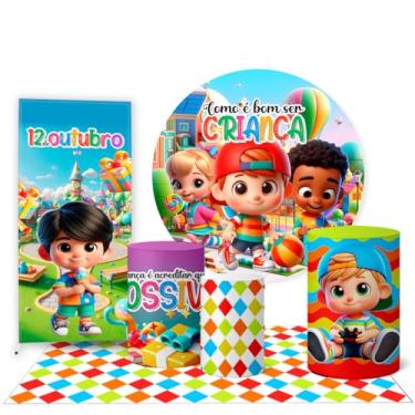 Imagem de Trio Capas Cilindro + Painel Redondo 1,50m + Lateral Romano e Tapete Dia das Crianças (K3CRI0001)