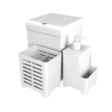 Imagem de Kit Pia 3 Peças Lixeira Dispenser Porta Talher Cozinha - Stolf Branco