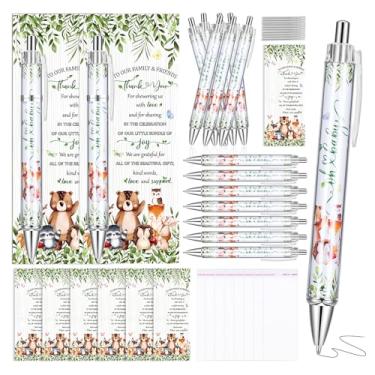 Imagem de Zenymb 36 conjuntos de lembrancinhas de chá de bebê de animais da floresta - inclui canetas esferográficas com papel de enrolar e marcadores de livro combinando - lembrancinhas de festa com tema