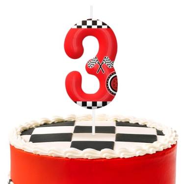 Imagem de Velas vermelhas de aniversário número 3, topo de bolo temático de carros de corrida para decoração de bolo para meninos e meninas, decorações de aniversário, suprimentos de festa, velas numéricas para