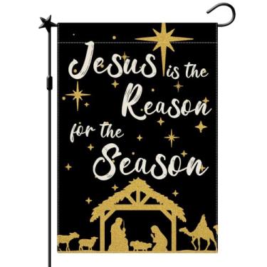 Imagem de CMEGKE Jesus is The Reason for The Season Bandeiras de jardim religioso, bandeiras de jardim de inverno de presépio para fora dupla face inverno casa quintal fazenda decoração de Natal ao ar livre