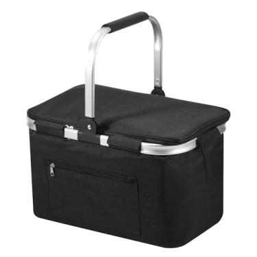 Imagem de Cesta de piquenique com alça acolchoada e tampa reutilizável com bolso externo com zíper para piquenique (preto)