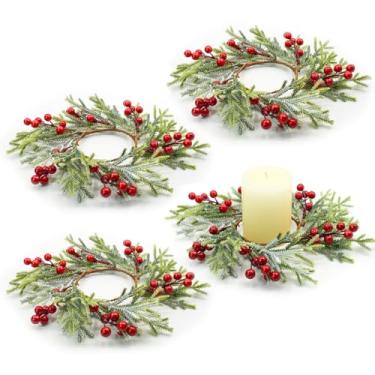 Imagem de Bacucine 4 peças de anéis de vela de Natal, decorações de Natal, guirlanda de pinheiro e baga vermelha, mini guirlanda de vela para porta, janela, mesa, decoração de casa