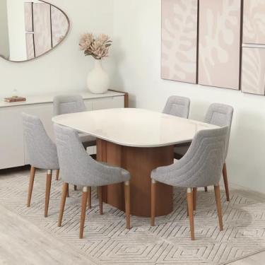 Imagem de Conjunto de Jantar Mesa Retangular com Vidro Kalina 6 Cadeiras Evelyn - Canella c/Cinza