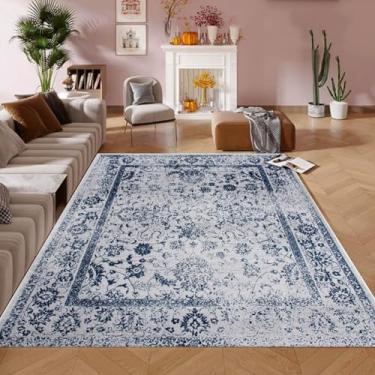 Imagem de ESSMOKO Tapete de caxemira artificial Tapete para quarto e escritório, tapete retrô, lavável na máquina e fácil de cuidar, clássico azul e branco, 120 x 180 cm