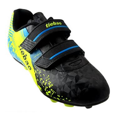 Imagem de T&B Botas de futebol infantis Chuteiras firmes de chão com gancho e laço para esportes ao ar livre (crianças pequenas/crianças grandes) No. 76660A, Black/ Green, 3 Little Kid