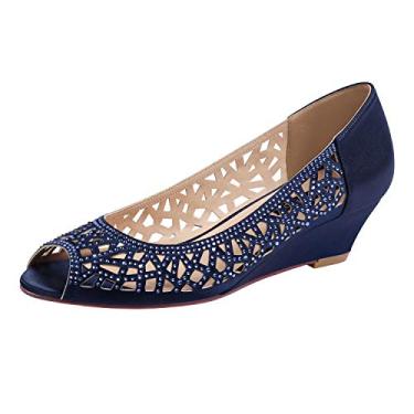 Imagem de Sapatos de noiva Erijunor femininos Peep Toe salto baixo anabela de casamento strass brilhante, Azul marino, 9