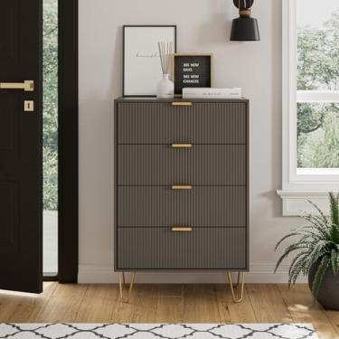 Imagem de Masupu Cômoda de 4 gavetas, baú de gaveta, cômoda de armazenamento alta com pernas de metal dourado, mesa de cabeceira para quarto, sala de estar, armário, corredor listrado cinza
