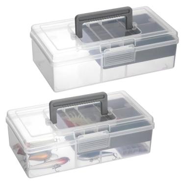 Imagem de JUXYES Pacote com 2 caixas de armazenamento de plástico com divisórias removíveis, caixa de costura de material de artesanato transparente com tampa, estojo de armazenamento de papelaria de 2 camadas