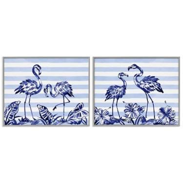 Imagem de Stupell Industries Conjunto de arte giclée emoldurado cinza de 2 peças de flamingos e listras pinceladas, design de Paul Brent, 28 x 35 cm